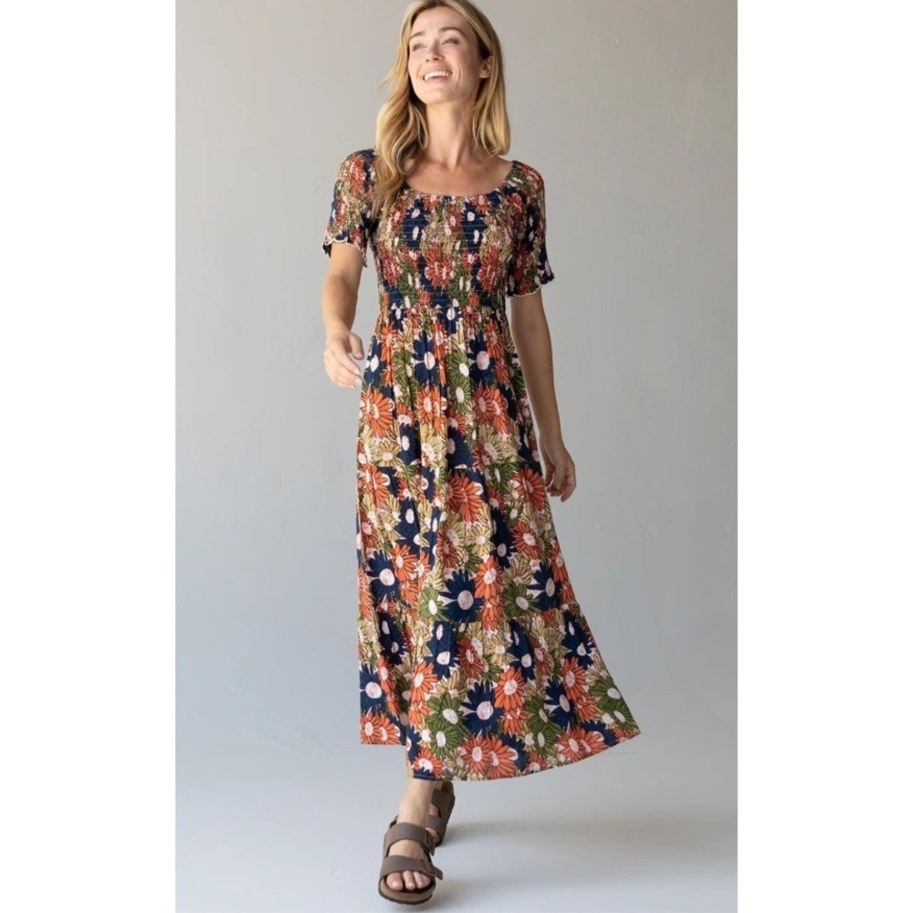 Natural Life Size XS/S "Daisy" Multi Color Floral Smocked Tiered Boho Maxi Dress
